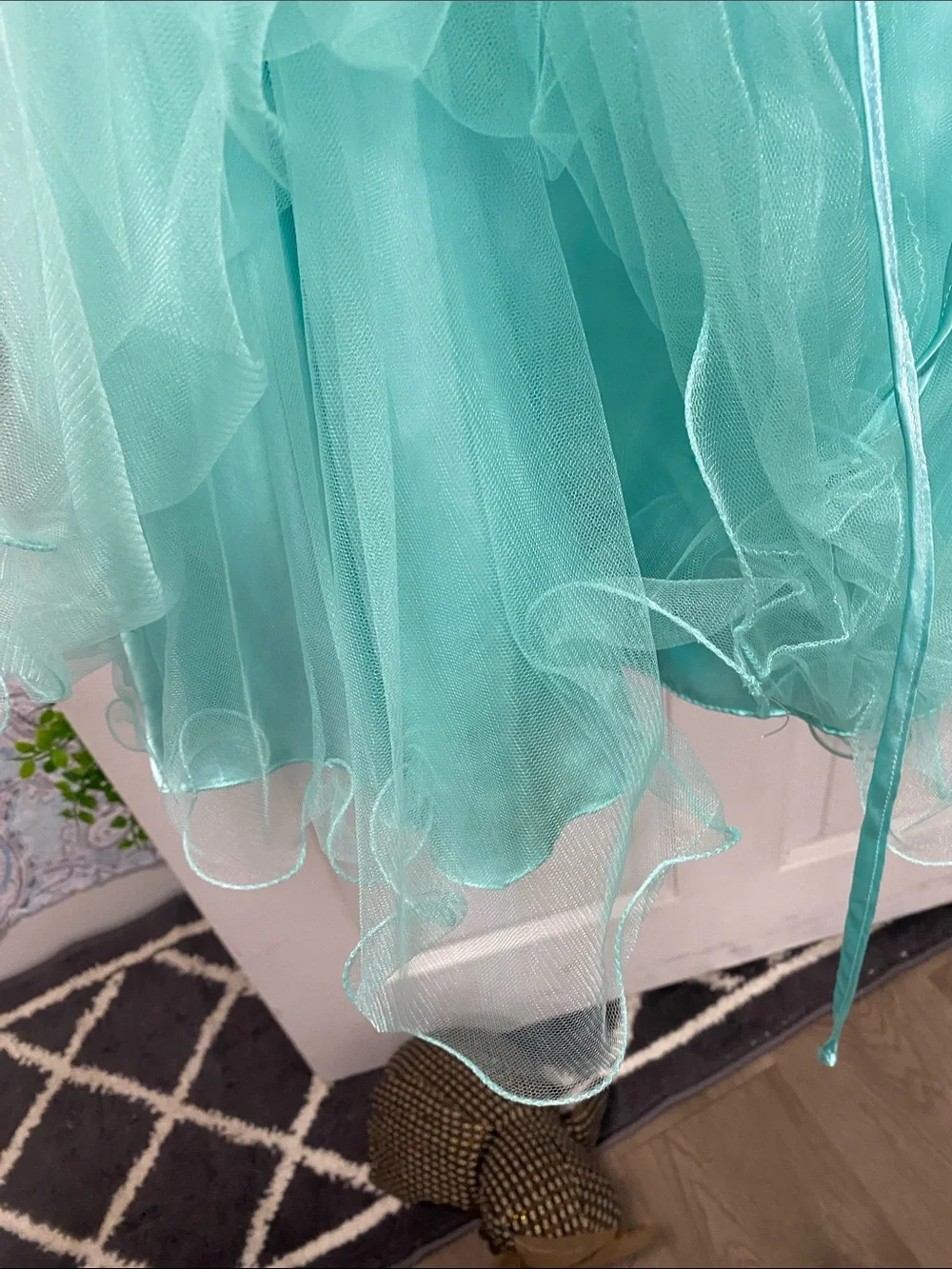 Sherri Hill Aqua Tulle Party Dress with Jeweled Waistband